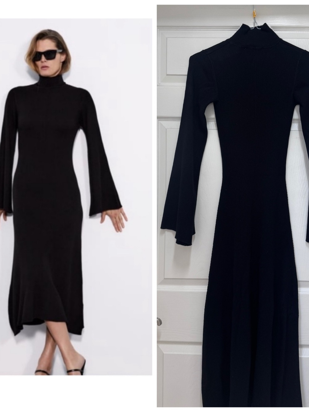 Zara Black Turtleneck Midi Dress with Flared Sleeves